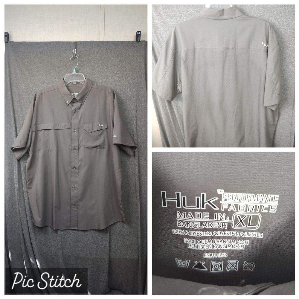 Huk Performance Fishing Button Shirt Pocket S/S Men XL Charcoal Grey Solid